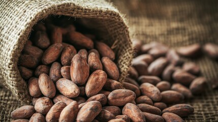 A close-up of raw cocoa beans spilling out of a burlap sack.
