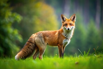 Fototapeta premium A Curious Red Fox Standing In A Green Meadow, Its Bushy Tail Flowing Behind It, With A Blurred Forest In The Background.