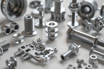 A collection of neatly arranged industrial metallic components, showcasing precision engineering and industrial craftsmanship.