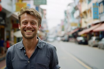A cheerful man with a big smile stands on a bustling urban street, exuding positivity amidst vibrant city life.