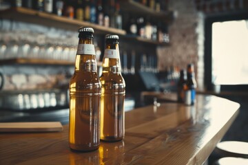 Two beer bottles, condensation visible on their surface, stand on a wooden bar counter in an inviting and dimly lit bar setting.
