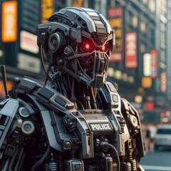 Fototapeta premium Close-up, detailed robotic police officers patrolling the streets, cyber punk style