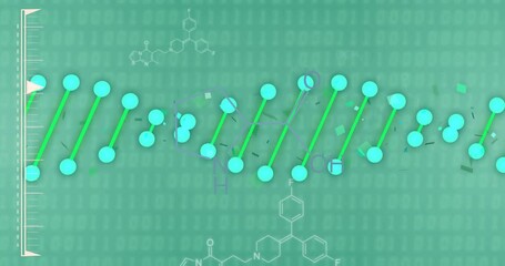 DNA strand and chemical formulas over green background with binary coding - Powered by Adobe