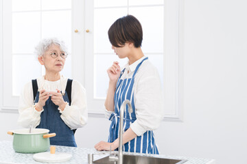 Fototapeta premium キッチンに立つ若い女性とシニア女性 料理イメージ