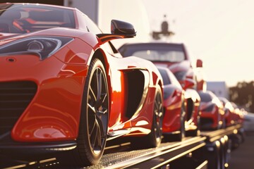 A close-up of sleek, red sports cars lined up in a row, capturing the elegance and power of high-performance vehicles under the evening sun.