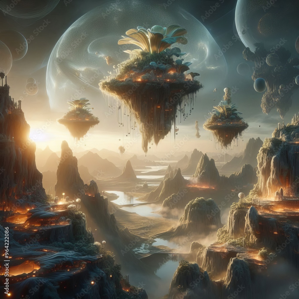 Poster a mesmerizing fantasy landscape showcasing floating islands adorned with lush vegetation, illuminate