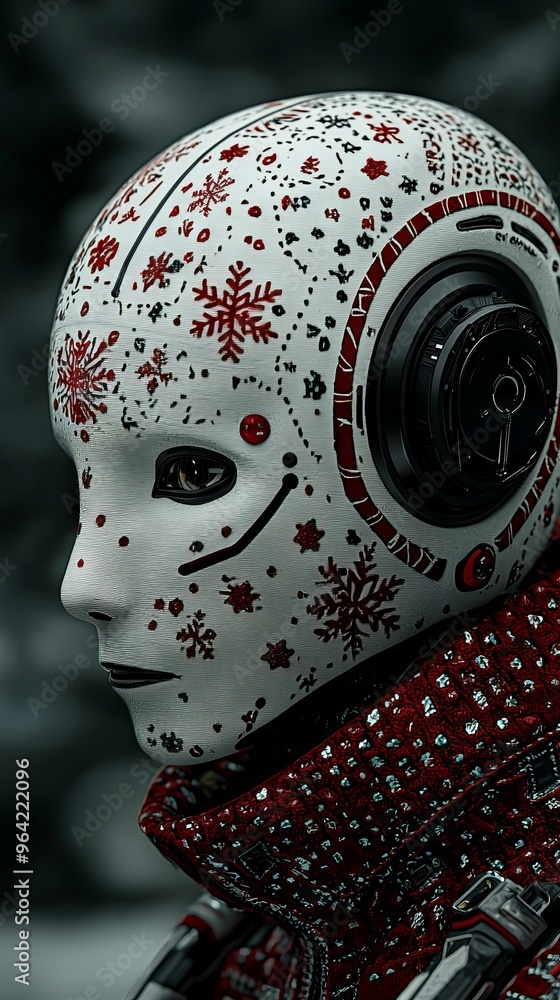 Poster futuristic robot with red snowflake pattern