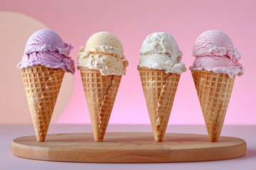 Four different ice cream flavors in waffle cones on a wooden stand with pastel colors, front view against neutral background.