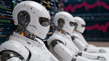 Fototapeta premium Group of humanoid robots brainstorming trading strategies, modern stock market analysis, AI collaboration in finance
