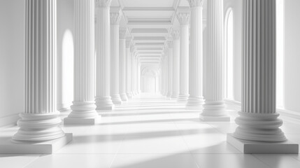 Białe wnętrze korytarza z eleganckimi filarami w tle. Minimalistyczna i nowoczesna przestrzeń, gdzie jasne kolory i prosty design filarów tworzą harmonijną i przestronną atmosferę.