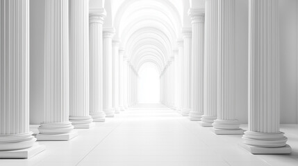 Fototapeta premium Białe wnętrze korytarza z eleganckimi filarami w tle. Minimalistyczna i nowoczesna przestrzeń, gdzie jasne kolory i prosty design filarów tworzą harmonijną i przestronną atmosferę.