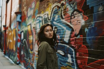 A vibrant street scene featuring a young woman standing against a colorful graffiti wall, bringing a sense of urban energy and creativity.