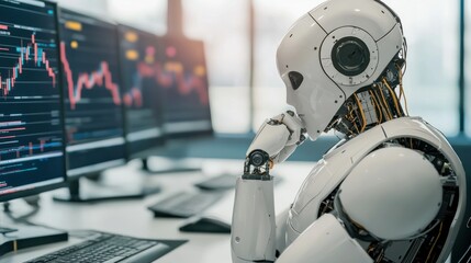 Fototapeta premium Robots simulating different market scenarios in a virtual environment, stress testing in trading, AI-driven market simulations