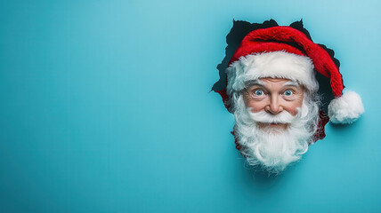 Funny Santa Claus face peeking out of a hole in blue wall, Christmas celebration surprise illustration with copy space