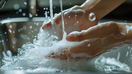 Fototapeta premium Hands wringing a soaked garment over a sink,soap bubbles overflowing from the effort and focus of