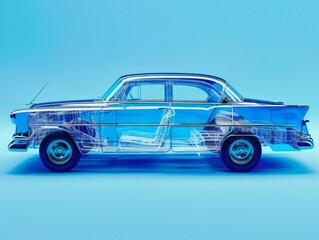 Car visualization with augmented reality Transparent car in studio drawing in blue colors, blueprint glowing neon hologram futuristic show technology security for premium product business financ