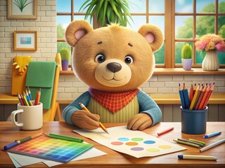Adorable cartoon bear sitting at a desk amidst colorful animation tools, surrounded by sketches and papers, with a pencil in hand, exuding creativity.