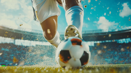 Fototapeta na wymiar Stopa piłkarza w dynamicznej pozycji, tuż przy piłce, gotowa do wykonania kolejnego zagrania. Zbliżenie na murawę stadionu i piłkę podkreśla technikę gry.