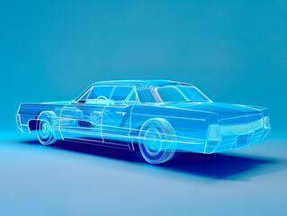 Car visualization with augmented reality Transparent car in studio drawing in blue colors, blueprint glowing neon hologram futuristic show technology security for premium product business financ