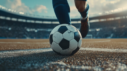 Stopa piłkarza w dynamicznej pozycji, tuż przy piłce, gotowa do wykonania kolejnego zagrania. Zbliżenie na murawę stadionu i piłkę podkreśla technikę gry.