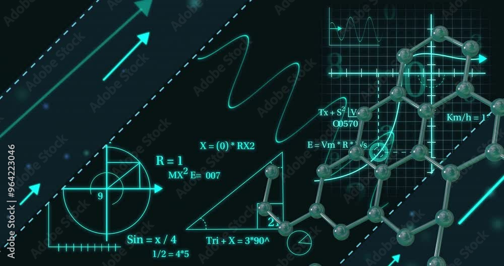 Poster mathematical equations and molecular structure over scientific data and graphs