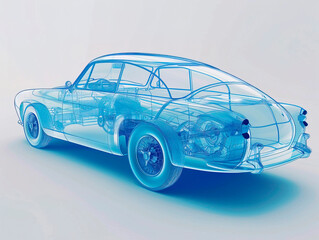 Car visualization with augmented reality Transparent car in studio drawing in blue colors, blueprint glowing neon hologram futuristic show technology security for premium product business financ