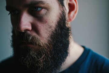 A close-up portrait of a contemplative man with a thick beard, in soft lighting, conveying introspection, mystery, and depth of thought.