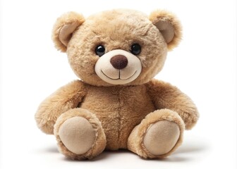 Adorable, cuddly teddy bear with soft, rounded features, big round eyes, and a sweet smile, sitting alone on a white background with subtle shadowing.