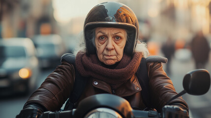 Starsza kobieta z lękiem w oczach, walczącą z intensywnym ruchem miejskim na motorze.