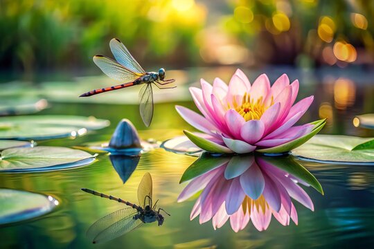 "A serene aquatic scene features a dragonfly resting on a floating doji flower, surrounded by gentle ripples and soft, water lily pads."
