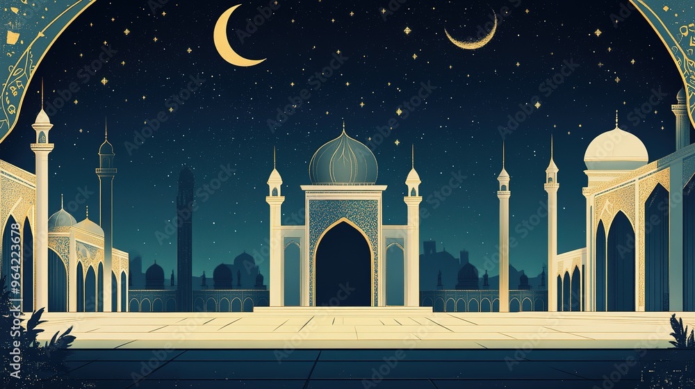 Wall mural Islamic greeting background with beautiful moon and mosque