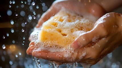 Closeup of Wet Hands Holding a Soaked Sponge with Water Dripping Off the Edges