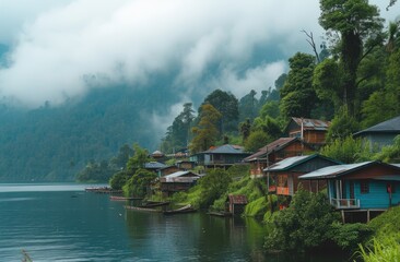 Fototapeta premium Lakeside village with houses nestled in the misty mountains