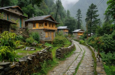 Traditional mountain village on a stone-paved path