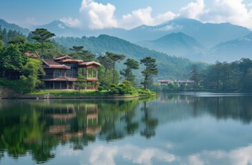 Fototapeta premium Lakeside mansion surrounded by mountains and forest