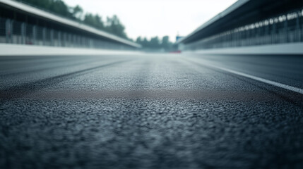 Opustoszały tor wyścigowy, gdzie gładka, asfaltowa nawierzchnia jest w pełni przygotowana na nadchodzące wyścigi. 