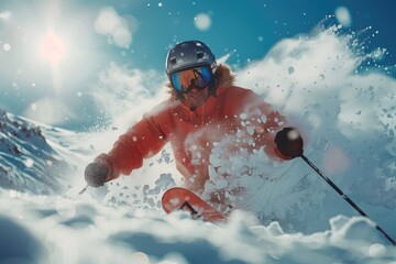 Professional skier making turns in fresh powder snow