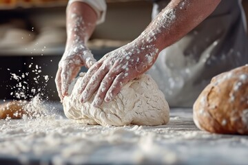 Obraz premium Baker kneading dough with flour dusting in a kitchen