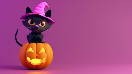 A black cat in a witch hat sits on a jack-o-lantern pumpkin on a purple background. Halloween background, Halloween banner, Halloween illustration