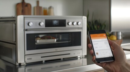 Obraz premium Smart Oven: Remote control via app allows preheating, temperature adjustments, and timer settings. Some models include built-in cameras for monitoring cooking progress. 