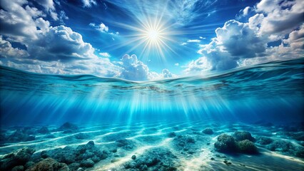 Obraz premium Split underwater view featuring a sunny sky and serene sea