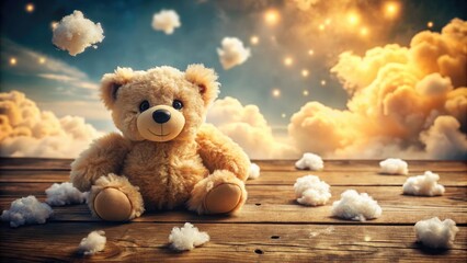 Obraz premium Adorable plush woolly bear toy sitting on a rustic wooden table surrounded by soft white fluffy clouds and subtle warm lighting.
