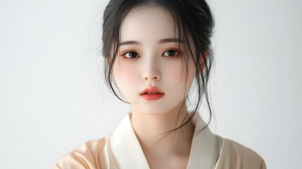 Fototapeta premium Serene Asian Woman in Elegant Silk Robe on Minimalist White Background