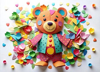 Naklejka premium Adorable teddy bear sculpture crafted from bright colored paper cutouts, arranged in a whimsical collage on a white background, surrounded by scattered paper scraps.