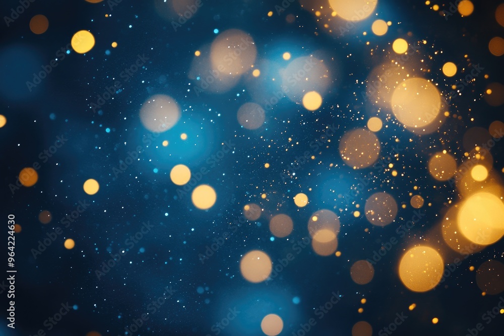 Poster abstract blue background with golden bokeh and glittering particles