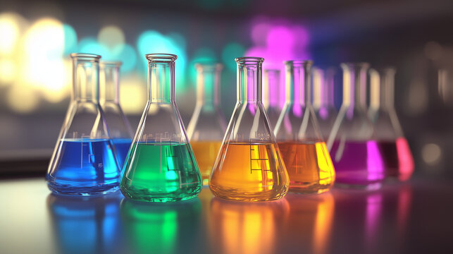 Nowoczesne laboratorium chemiczne, gdzie trwają intensywne badania i prace rozwojowe. Na stole widoczne są r&oacute;żne akcesoria laboratoryjne, takie jak pipety, kolby i prob&oacute;wki.