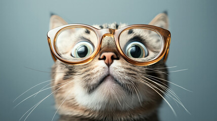 Close-up of a surprised-looking cat wearing oversized glasses with large eyes. The background is a plain blue-gray color, emphasizing the cat's detailed facial features.