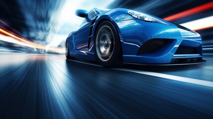 Movement shot of fast blue car driving on asphalt road with high speed. Neural network ai generated art