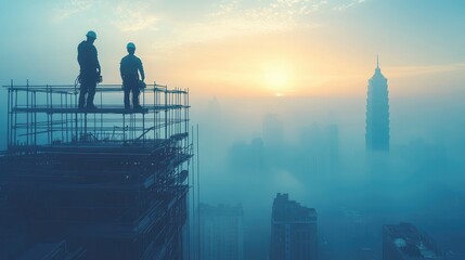 Naklejka premium Construction workers observing taipei skyline at sunrise with fog