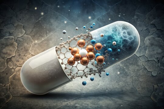 A stylized illustration of a statin tablet, with its outer shell cracked open to reveal a swirling vortex of molecules and atoms, set against a muted gray background
